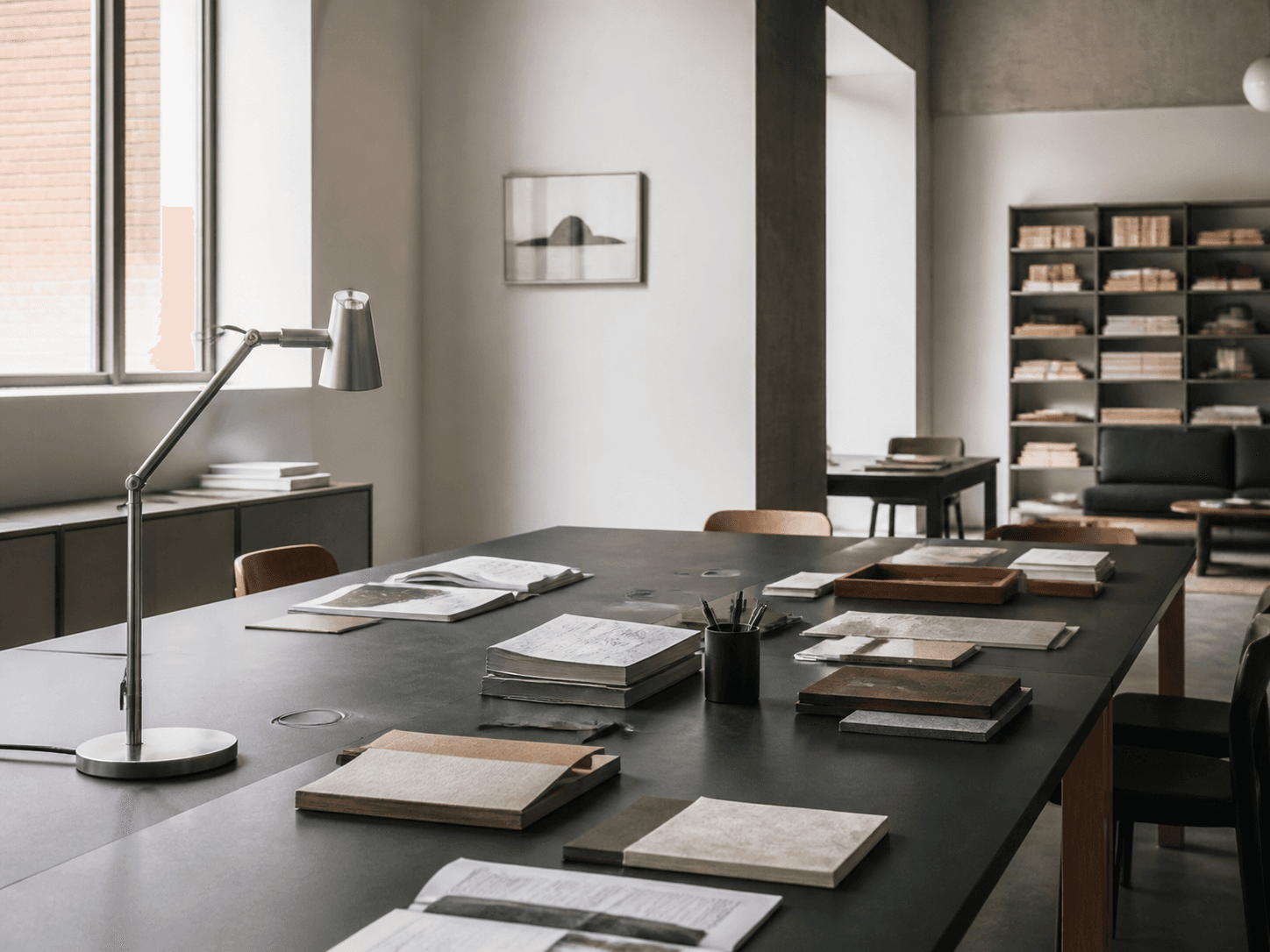 Quiet collaborative studio workspace with design materials